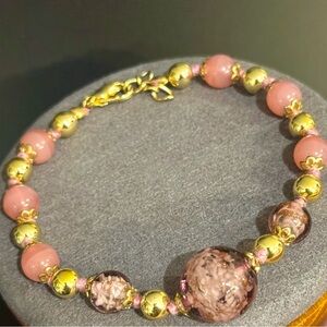 💗Pink Purple Gold Murano Glass Italy Hand Knotted Bracelet💗